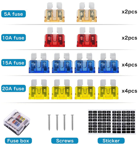 Assorted fuses, screws, and stickers for Six Way Fuse Block for 12V and 24V Vehicles with Six Circuit ATC ATO Waterproof Fuse Box Holder LED Indicator and Weatherproof Cover Built To Last Easy Fault Detection and Quick Fuse Replacement for Cars Trucks Boats Marine RVs Vans.