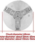 Rock Solid Three Jaw Lathe Chuck For Mini Metal Lathes Crafted From Thick Zinc Alloy, showing diameter specifications and jaws.