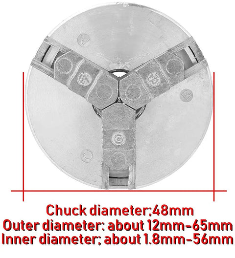 Rock Solid Three Jaw Lathe Chuck For Mini Metal Lathes Crafted From Thick Zinc Alloy, showing diameter specifications and jaws.