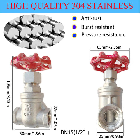 304 Stainless Steel Gate Valve DN15 Built To Last One Half Inch NPT Rotary Globe Valve with red handle and dimensions