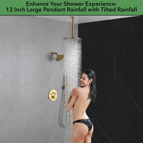 Super Sleek Thermostatic Shower System In Brushed Gold With Push Button Diverter For Smooth Temp Control No Drama Setup Straight Fire Look For A Total Bathroom Glow Up