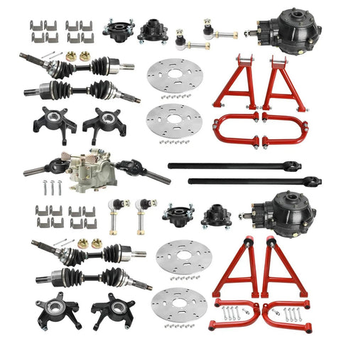 Complete 4WD Go Kart Transmission Kit With CV Axles Differential Reverse Gearbox Swing Arms Hubs Knuckles Brake Calipers Rotors