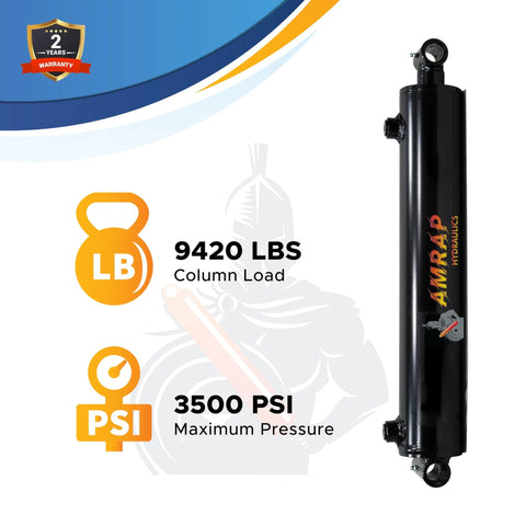 Black hydraulic cylinder with welded body and eye-end fittings, vertical orientation.