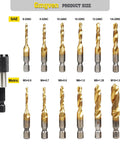 13 Piece Drill Tap Bit Set With Metric And SAE Sizes, close-up of titanium coated high speed steel tapping bits and quick change adapter