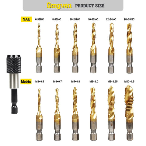13 Piece Drill Tap Bit Set With Metric And SAE Sizes, close-up of titanium coated high speed steel tapping bits and quick change adapter