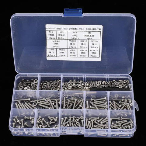 Killer 304 Stainless Steel Flat Head M3 Machine Screw Kit Bundle With Nuts Washers Wrench Keys Solid For Heavy Duty Home Repair And DIY Fixes Durable Anti Corrosion Metal Hardware 662 Pieces Smart Storage Box open case with assorted M3 screws, nuts, and washers