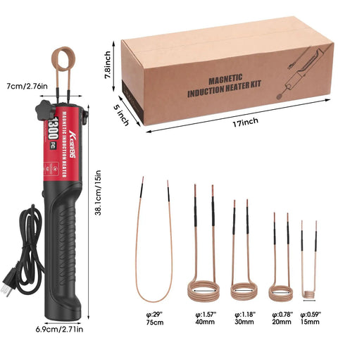 Beast Mode 1300W Magnetic Induction Heater For Rusty Bolts, Handheld 110V Tool with five coils and packaging box, red.