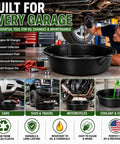 Top Tier 7 Quart Oil Drain Pan With Built In Scale Pour Spout For Cars Trucks SUVs And Motorcycles Heavy Duty Steel catch basin collecting oil under a vehicle.