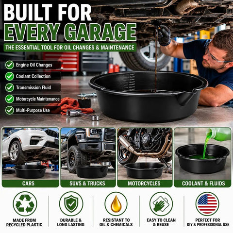 Top Tier 7 Quart Oil Drain Pan With Built In Scale Pour Spout For Cars Trucks SUVs And Motorcycles Heavy Duty Steel catch basin collecting oil under a vehicle.