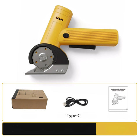 Cordless Electric Scissors For Fabric Leather Cardboard Carpet And More Rechargeable Handheld Cutting Tool With Sharp Blade For Precise Clean Cuts And Quick Box Openings This Beast Of A Cutter For DIY Projects, yellow cordless cutter with Type-C cable and box