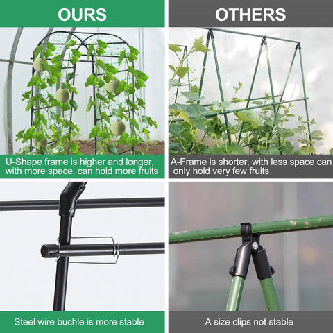 Comparison of Heavy Duty Garden Arch Trellis For Climbing Plants with U-Shape vs A-Frame, showing stability and space differences.