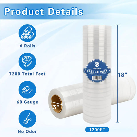 Top Tier Six Pack Stretch Film Rolls With Sixty Gauge Thickness And Strong Self Adhesive Grip That Locks Pallet Loads Securely For Moving And Warehouse Jobs Built Ridiculously Tough To Handle Every Haul Without Snapping Or Wrinkling, showing 18" width and 1200ft length rolls.