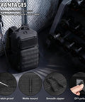 Rugged Military Tactical Backpack For Men With MOLLE Webbing, Water Bottle Holder next to gym equipment, showing features.