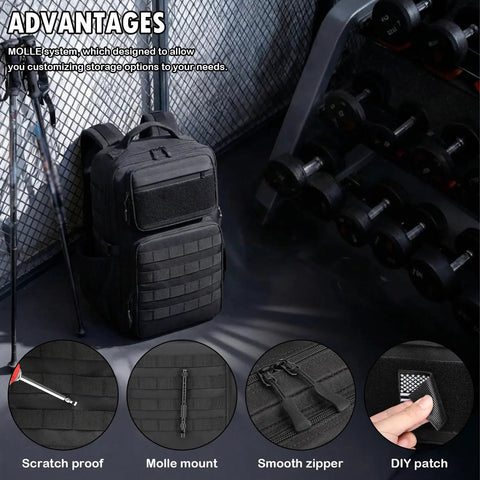 Rugged Military Tactical Backpack For Men With MOLLE Webbing, Water Bottle Holder next to gym equipment, showing features.