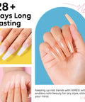 Hand with long nails showcasing Rubber Base Gel For Nails Soak Off UV LED HEMA Free Clear Sheer Gel Nail Polish Kit 6 Pack 10ml