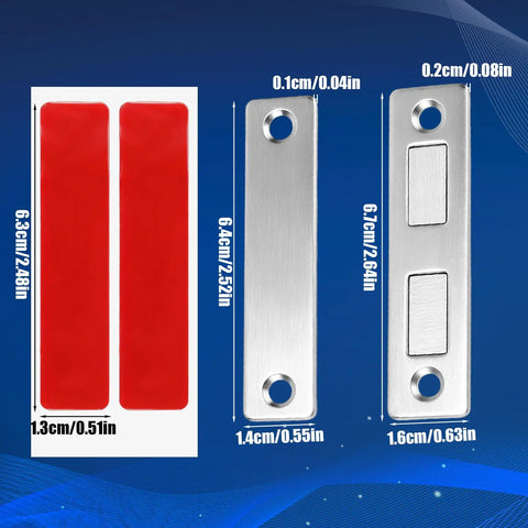 Premium Stainless Steel Magnetic Door Catch With Adhesive Strips And Screws Ideal For Securing Cabinet Doors Smoothly, showing strips and latches.