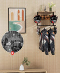 Wall Mounted Motorcycle Helmet Rack With Four Hooks And Glove Clips, displaying helmets and jackets in a modern entryway.