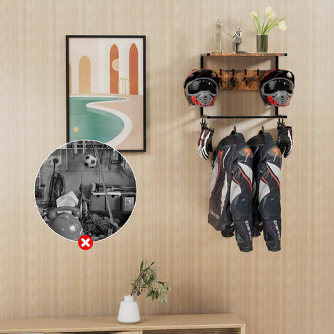 Wall Mounted Motorcycle Helmet Rack With Four Hooks And Glove Clips, displaying helmets and jackets in a modern entryway.