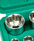 Heavy Duty 12 Point Socket Set Mechanic Tool Kit With Storage Case Adapter, close-up of steel sockets in green case