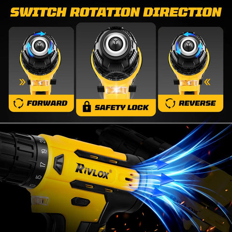 Image showing switch rotation direction of 20V Cordless Drill Set With 2.0Ah Batteries, Pure Copper Motor, 30Nm Torque, 21 Plus 1 Clutch, Two Speed Settings, Built In LED Light, Home DIY Kit For Drilling And Driving Screws.