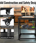 Heavy Duty Rolling Tool Stand With Swivel Casters And Tough Melamine Wood Worktop For Miter Saws, featuring durable cold-rolled steel.