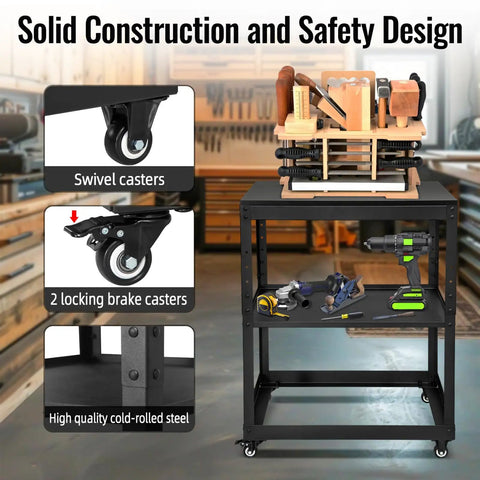 Heavy Duty Rolling Tool Stand With Swivel Casters And Tough Melamine Wood Worktop For Miter Saws, featuring durable cold-rolled steel.