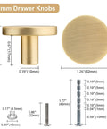 Heavy Duty Round Cabinet Knobs Four Pack Brushed Gold Zinc Alloy Kitchen Handle Replacement With No Sweat Install dimensions labeled