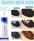 Waterproof Heavy Duty Shoe Repair Glue With Precision Tip Nozzle For Quick Clear Adhesive Fixes On Leather Rubber Canvas And Synthetic Shoes Multi Purpose Durable 2 Pack, shown with before and after shoe repair results