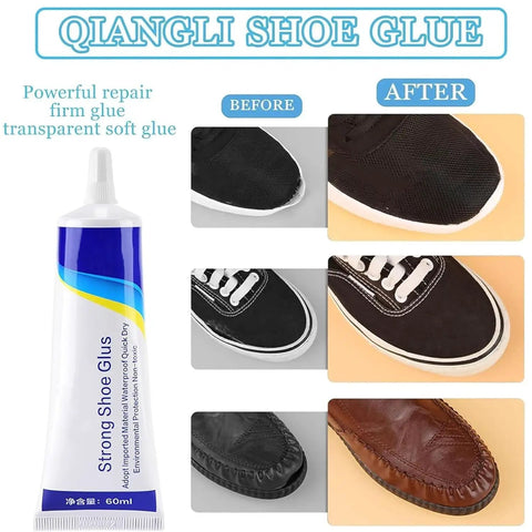 Waterproof Heavy Duty Shoe Repair Glue With Precision Tip Nozzle For Quick Clear Adhesive Fixes On Leather Rubber Canvas And Synthetic Shoes Multi Purpose Durable 2 Pack, shown with before and after shoe repair results