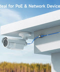 UL Listed 5 Pack Cat6 RJ45 Female To Female Couplers installed connecting a security camera on a building corner, ideal for PoE devices.