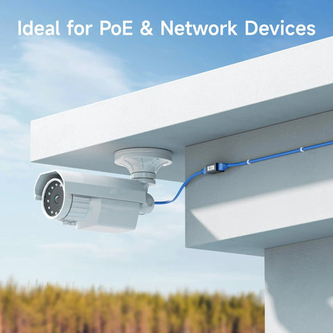 UL Listed 5 Pack Cat6 RJ45 Female To Female Couplers installed connecting a security camera on a building corner, ideal for PoE devices.