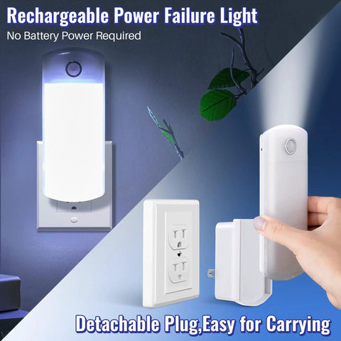 Three Pack LED Power Failure Lights 4 In 1 Rechargeable Plug In Flashlights With Motion Sensor Emergency Lights For Home Blackouts And Hurricanes Portable Torch And Night Light Backup Power shown plugged into outlet and handheld.