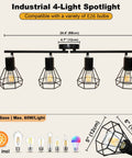 4 Light Track Lighting Fixture In Black Industrial Style With Open Wire Cage, Farmhouse Directional Ceiling Lights, E26 Base, no bulbs