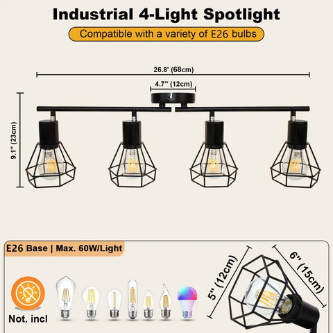 4 Light Track Lighting Fixture In Black Industrial Style With Open Wire Cage, Farmhouse Directional Ceiling Lights, E26 Base, no bulbs