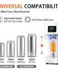 Automatic Can Sealing Machine For Aluminum And PET With 360 Degree Seam Technology Commercial Grade 140W Seamer Adjustable Height From 2.4 To 6.7 Inches LED Touchscreen Control Leakproof Airtight Seal For Beers And Sodas showing compatibility with various can sizes