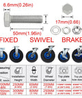 Heavy Duty Rubber Swivel Caster Wheels 8 Inch And 10 Inch Pack showcasing fixed, swivel, and brake models with dimensions and installation details.