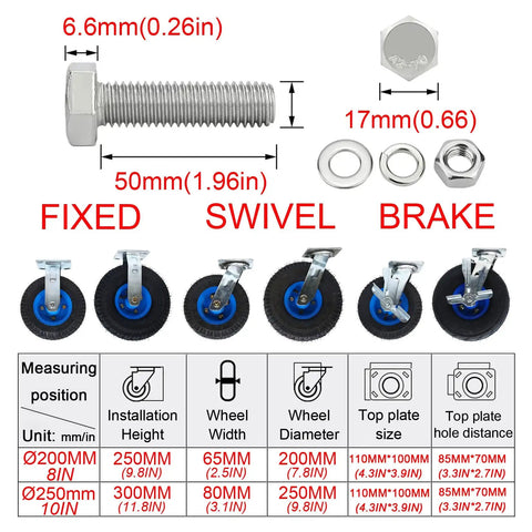 Heavy Duty Rubber Swivel Caster Wheels 8 Inch And 10 Inch Pack showcasing fixed, swivel, and brake models with dimensions and installation details.