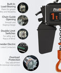 1 Ton Electric Chain Hoist Heavy Duty H4 Dual Voltage 208 To 480 Volt 3 Phase 13 Ft Lift G100 Nickel Chain IP55 ASME B30.16