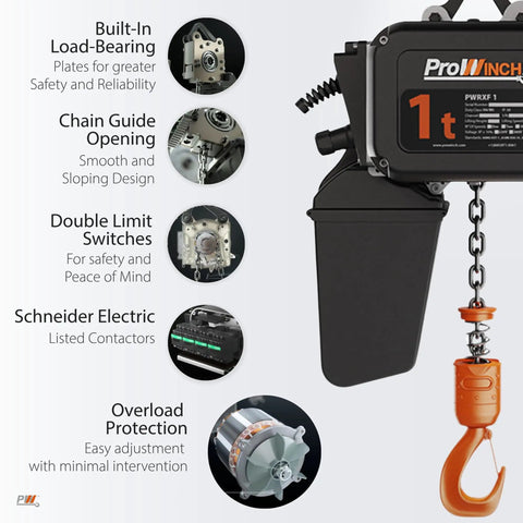 1 Ton Electric Chain Hoist Heavy Duty H4 Dual Voltage 208 To 480 Volt 3 Phase 13 Ft Lift G100 Nickel Chain IP55 ASME B30.16