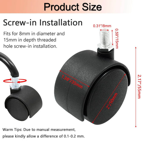 Diagram of 2 Inch Swivel Caster Wheels Set Of 4 With Black Nylon M8 Threaded Stem showing dimensions and installation tips