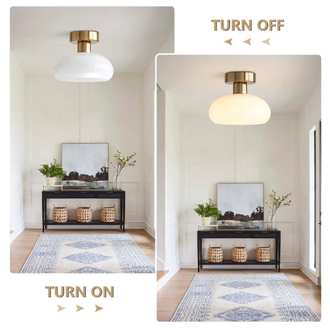 Mid Century Modern Bathroom Ceiling Light Small Black Milk Glass Drum Shade Semi Flush Mount in entryway, turned on and off view.