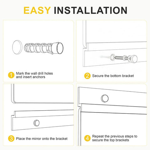 Illustrated installation steps for Two Pack 48 By 28 Inch Home Gym Wall Mirrors Frameless Tempered Glass Full Length HD Reflection No Distortion Large Body Mirror For Gym Garage Yoga Dance Bedroom