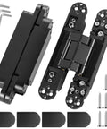 6 Inch Invisible Door Hinges For Doors 3D Adjustable 180 Degree Swing Heavy Duty Concealed Zinc Alloy 88 Lbs Load Capacity Per Pair Sleek Matte Black Finish 2 Pack By Polar Tangro, showing components and screws.