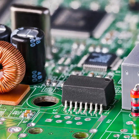Close-up of electronic components on a green circuit board using 8x12 Inch Double-Sided Copper Clad PCB Boards Set of 4 2mm FR4 Copper Laminate.