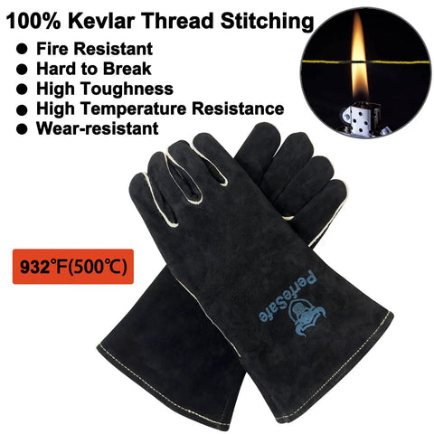 14 Inch Heavy Duty Leather Welding Gloves With Soft Lining, 932 F Heat Resistant Mitts showcasing fire-resistant Kevlar stitching