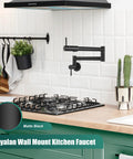Wall Mount Pot Filler Faucet With Folding Double Arm Swing, 19 Inch Reach, Two Handles, Stainless Steel Matte Black over stove