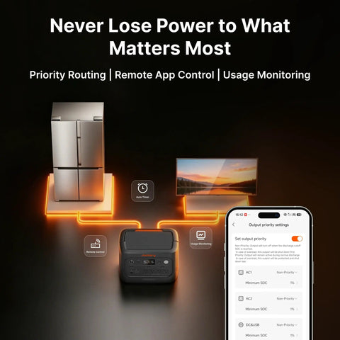 Heavy Duty 1500W Power Station With 1024Wh LiFePO4 Battery And Ultra Fast 10MS UPS Switch powering a refrigerator and TV.