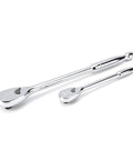 Two Piece One Quarter Inch And Three Eighth Inch Drive 84 Tooth Teardrop Ratchet Set Built Tough For Tight Spaces With Full Polish Chrome Finish Flush Mounted On Off Switch Enclosed Head For Dirt Resistance Long Polished Handle on white background