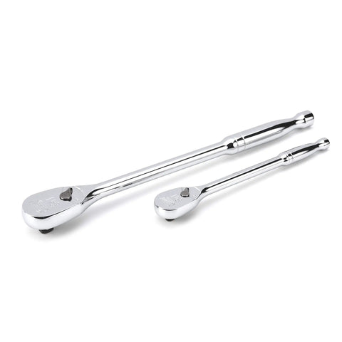 Two Piece One Quarter Inch And Three Eighth Inch Drive 84 Tooth Teardrop Ratchet Set Built Tough For Tight Spaces With Full Polish Chrome Finish Flush Mounted On Off Switch Enclosed Head For Dirt Resistance Long Polished Handle on white background