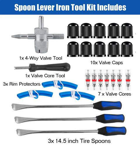 All In One 25 Piece Motorcycle Tire Spoons Kit With Rim Protectors And Valve Tools For Dirt Bike ATV Lawn Mower, 14.5 Inch Tire